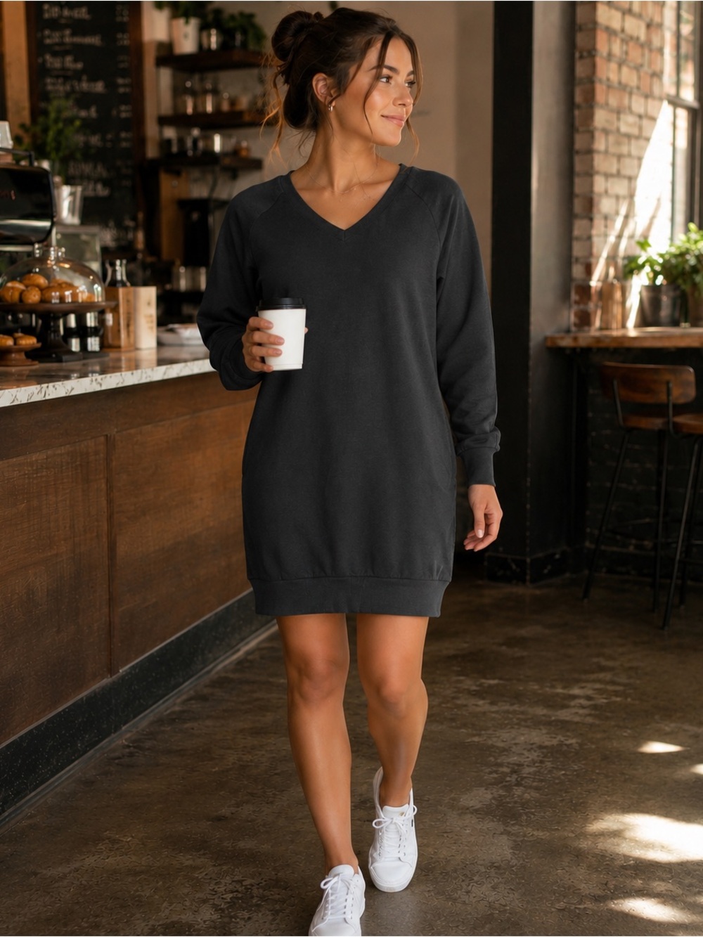 Black Tunic Dress Long Sleeve V Neck Oversized Sweatshirt Mini Dress S